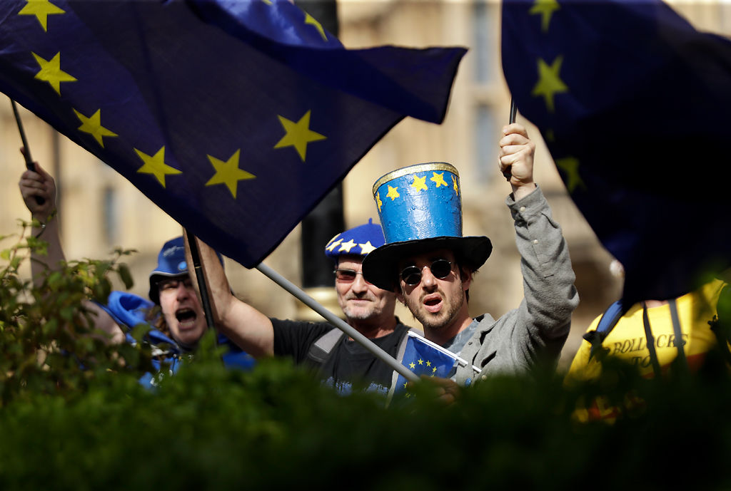 Anti-Brexit supporters wave flags and hold signs near the Houses of Parliament in central London